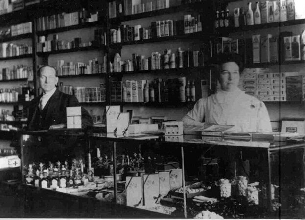 Mr. Wright and wife, Della, in Wright's Drugstore